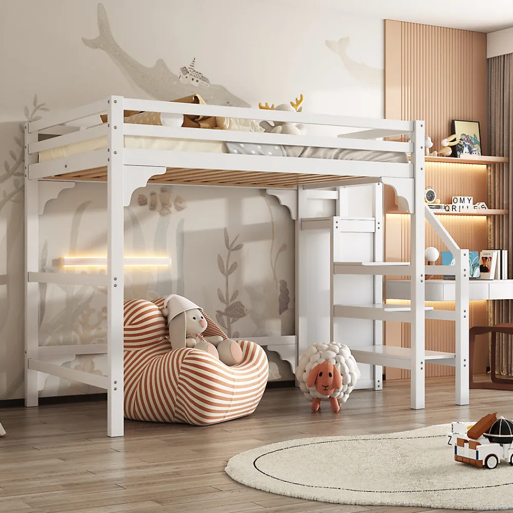 Lit mezzanine 140x200cm, lit d'enfant avec sommier à lattes, escalier avec armoire de rangement, anti-chute, blanc>ProximaX Discount