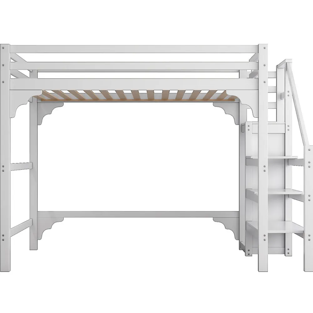 Lit mezzanine 140x200cm, lit d'enfant avec sommier à lattes, escalier avec armoire de rangement, anti-chute, blanc>ProximaX Discount