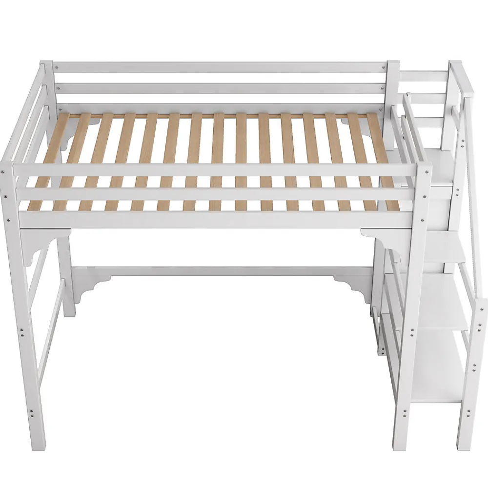 Lit mezzanine 140x200cm, lit d'enfant avec sommier à lattes, escalier avec armoire de rangement, anti-chute, blanc>ProximaX Discount