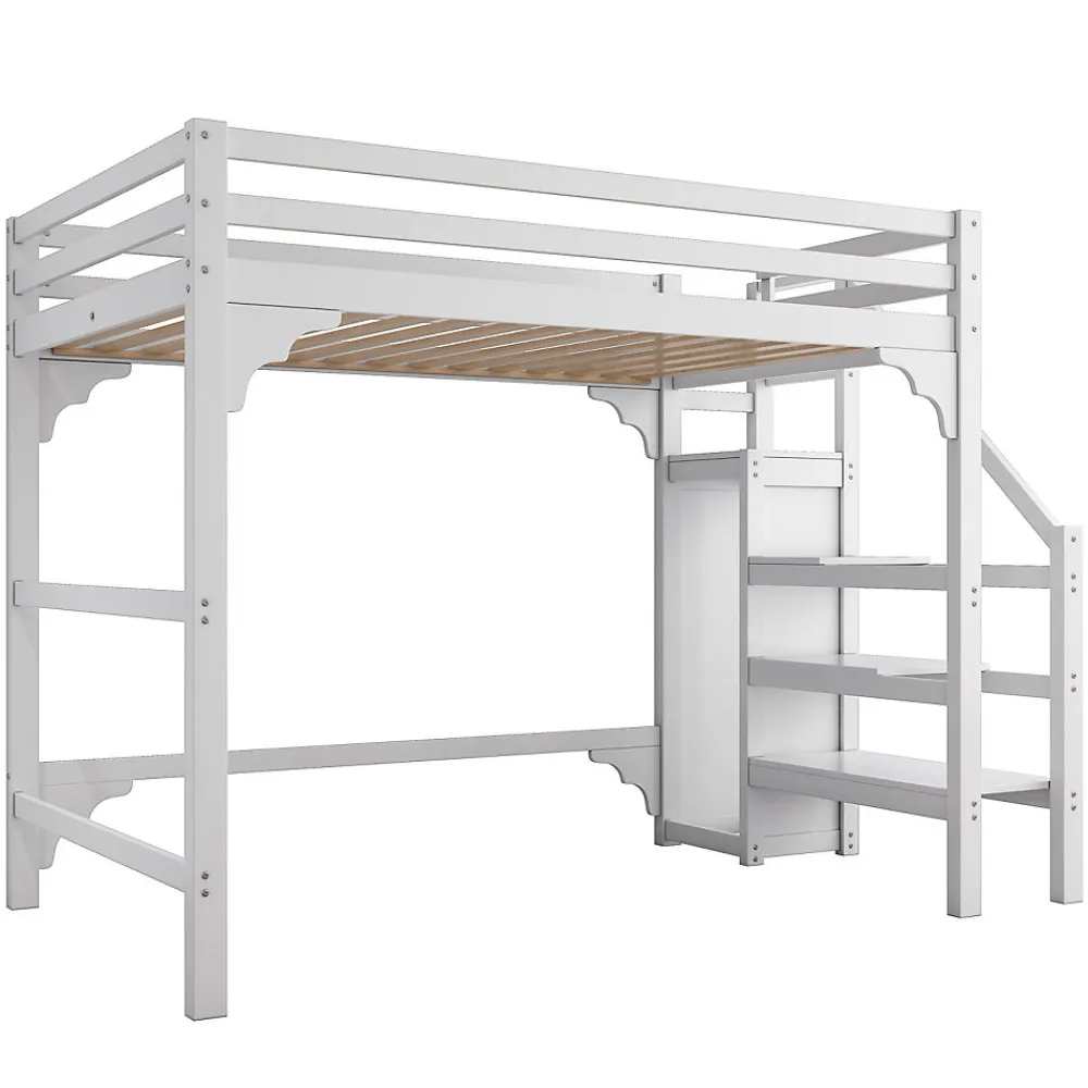 Lit mezzanine 140x200cm, lit d'enfant avec sommier à lattes, escalier avec armoire de rangement, anti-chute, blanc>ProximaX Discount