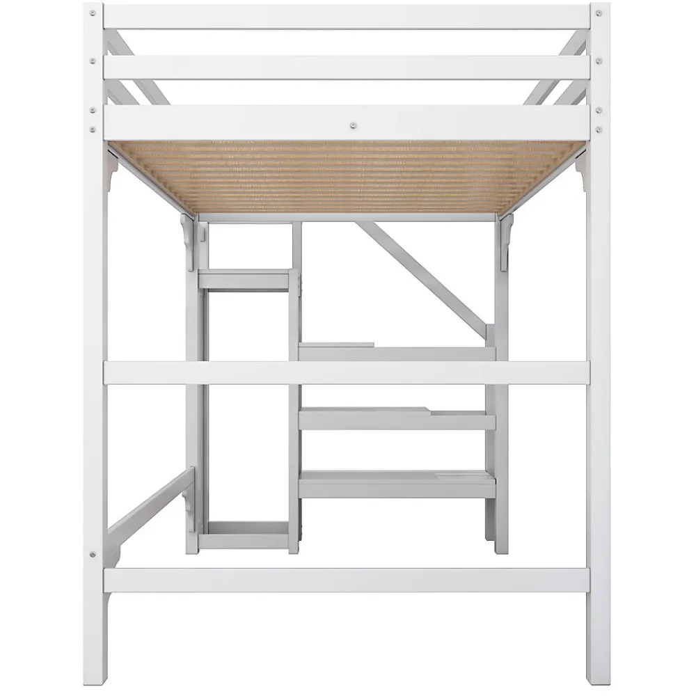 Lit mezzanine 140x200cm, lit d'enfant avec sommier à lattes, escalier avec armoire de rangement, anti-chute, blanc>ProximaX Discount