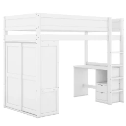 ProximaX Lit mezzanine 90x200cm, lit enfant polyvalent, équipé d'armoire, bureau et tiroirs, échelle, sommier à lattes, pin, blanc*Enfant Lit Enfant