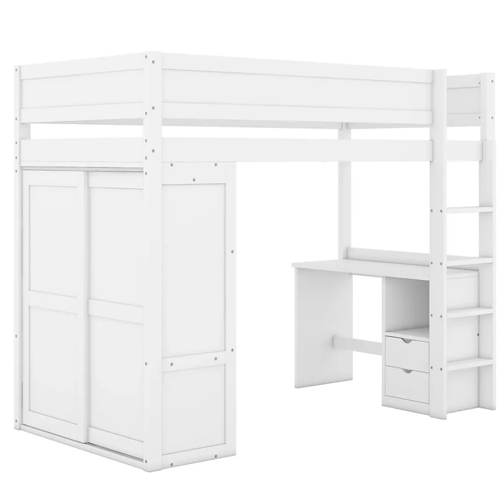 ProximaX Lit mezzanine 90x200cm, lit enfant polyvalent, équipé d'armoire, bureau et tiroirs, échelle, sommier à lattes, pin, blanc*Enfant Lit Enfant