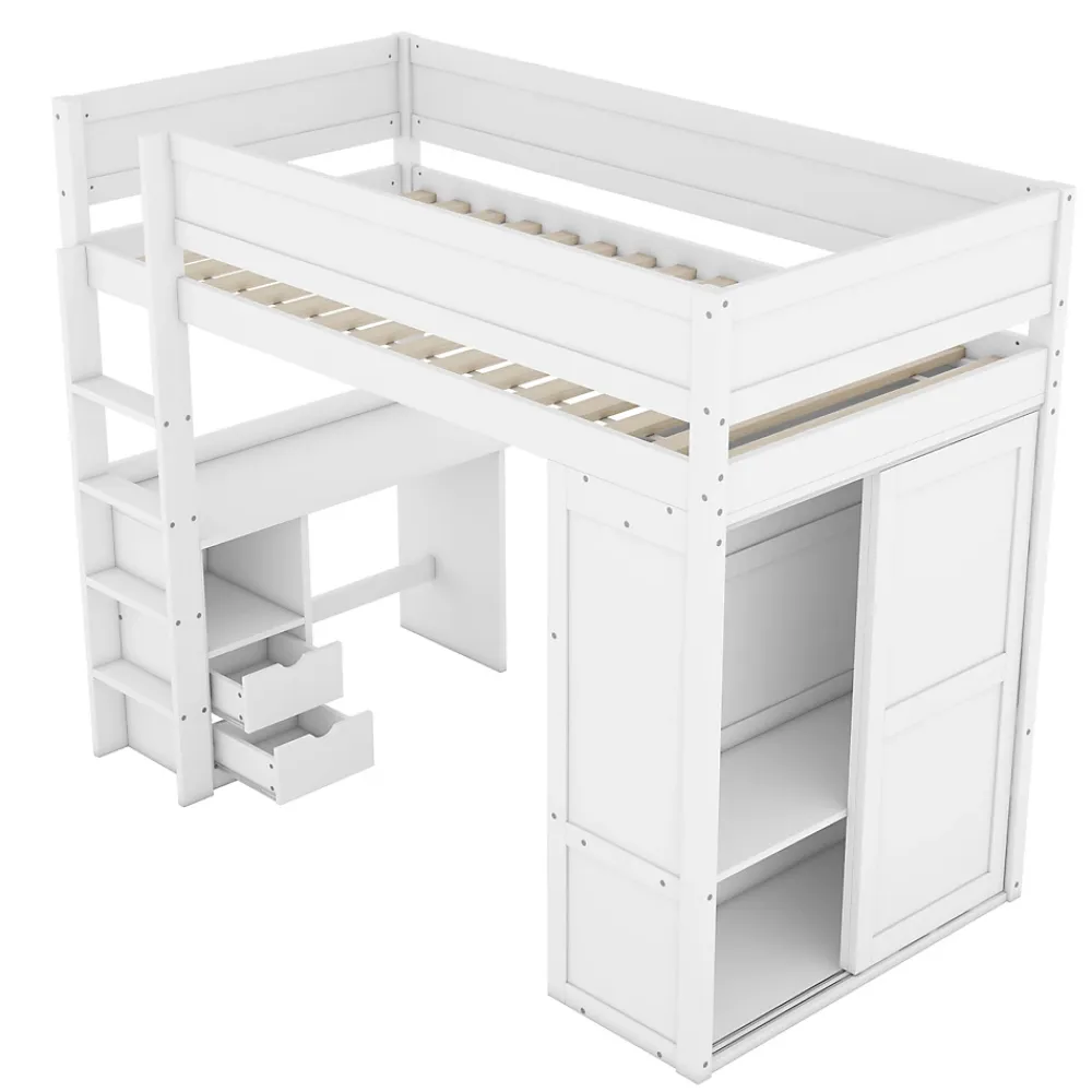 ProximaX Lit mezzanine 90x200cm, lit enfant polyvalent, équipé d'armoire, bureau et tiroirs, échelle, sommier à lattes, pin, blanc*Enfant Lit Enfant