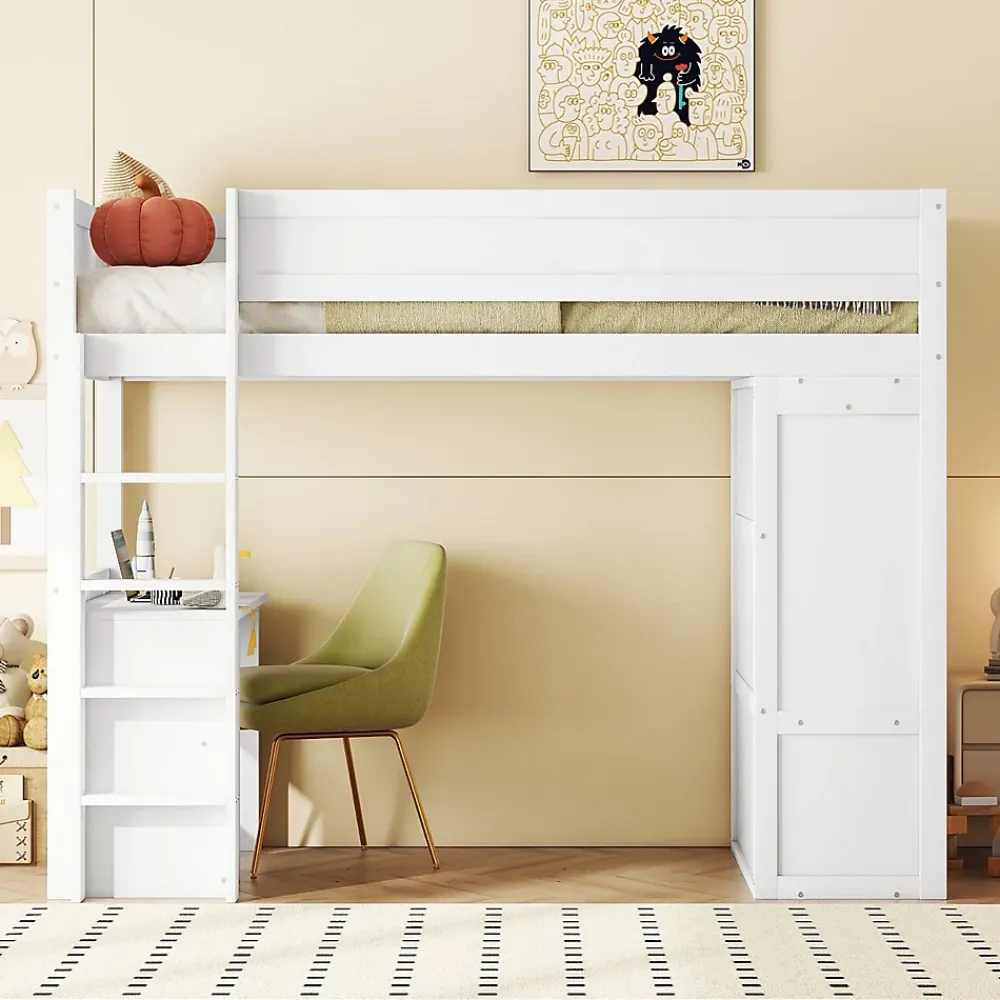 ProximaX Lit mezzanine 90x200cm, lit enfant polyvalent, équipé d'armoire, bureau et tiroirs, échelle, sommier à lattes, pin, blanc*Enfant Lit Enfant