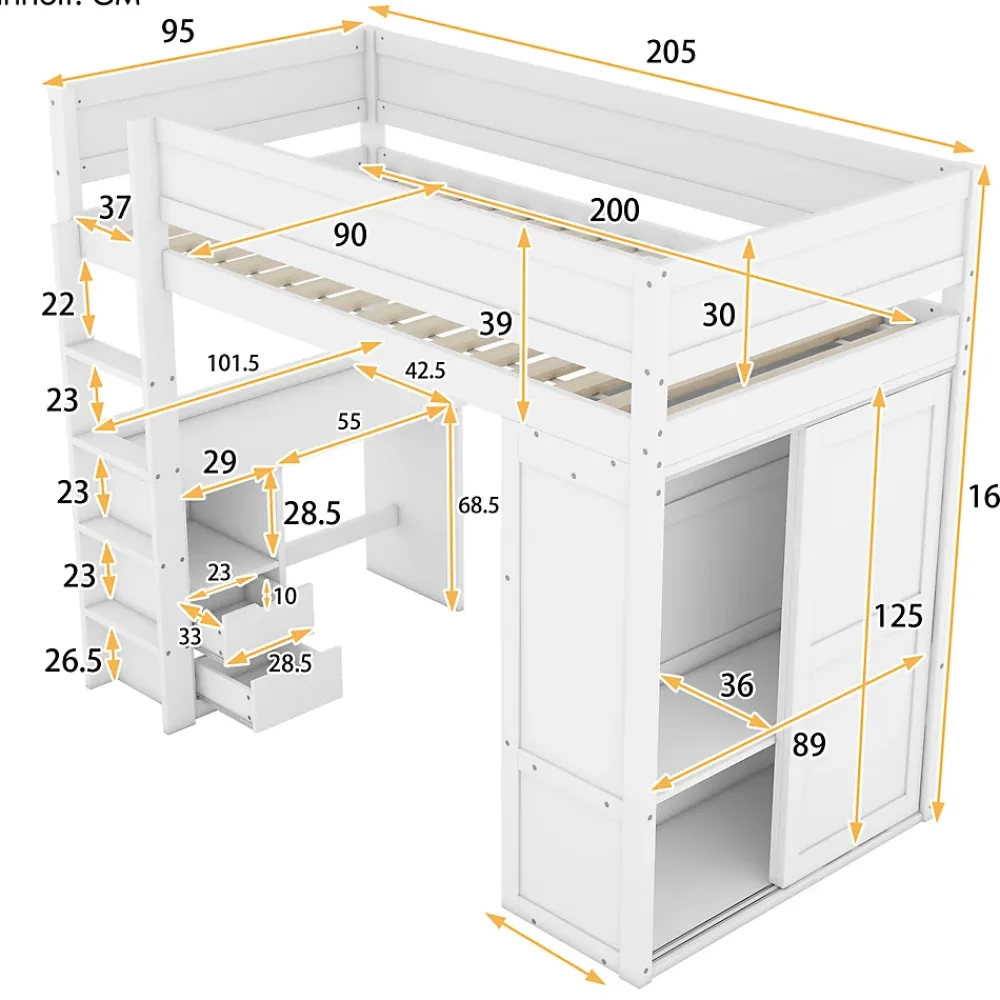ProximaX Lit mezzanine 90x200cm, lit enfant polyvalent, équipé d'armoire, bureau et tiroirs, échelle, sommier à lattes, pin, blanc*Enfant Lit Enfant