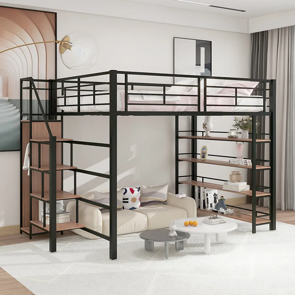 Lit mezzanine 140x200cm, lit enfant avec échelles et étagères de rangement et petite penderie, design haute clôture, noir>ProximaX Online