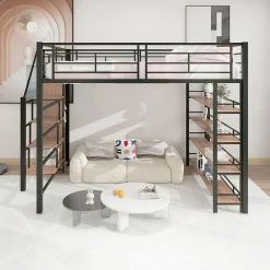Lit mezzanine 140x200cm, lit enfant avec échelles et étagères de rangement et petite penderie, design haute clôture, noir>ProximaX Online