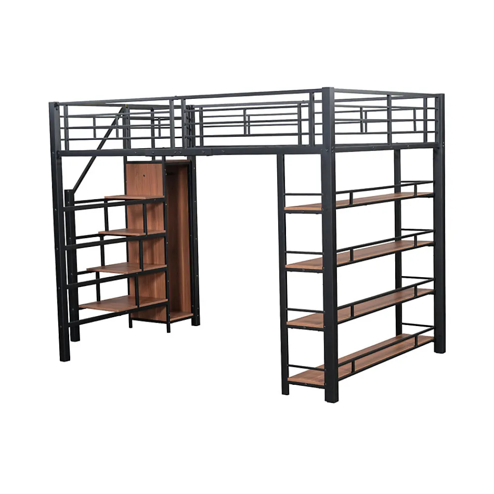 Lit mezzanine 140x200cm, lit enfant avec échelles et étagères de rangement et petite penderie, design haute clôture, noir>ProximaX Online