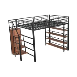 Lit mezzanine 140x200cm, lit enfant avec échelles et étagères de rangement et petite penderie, design haute clôture, noir><noscript><img width=