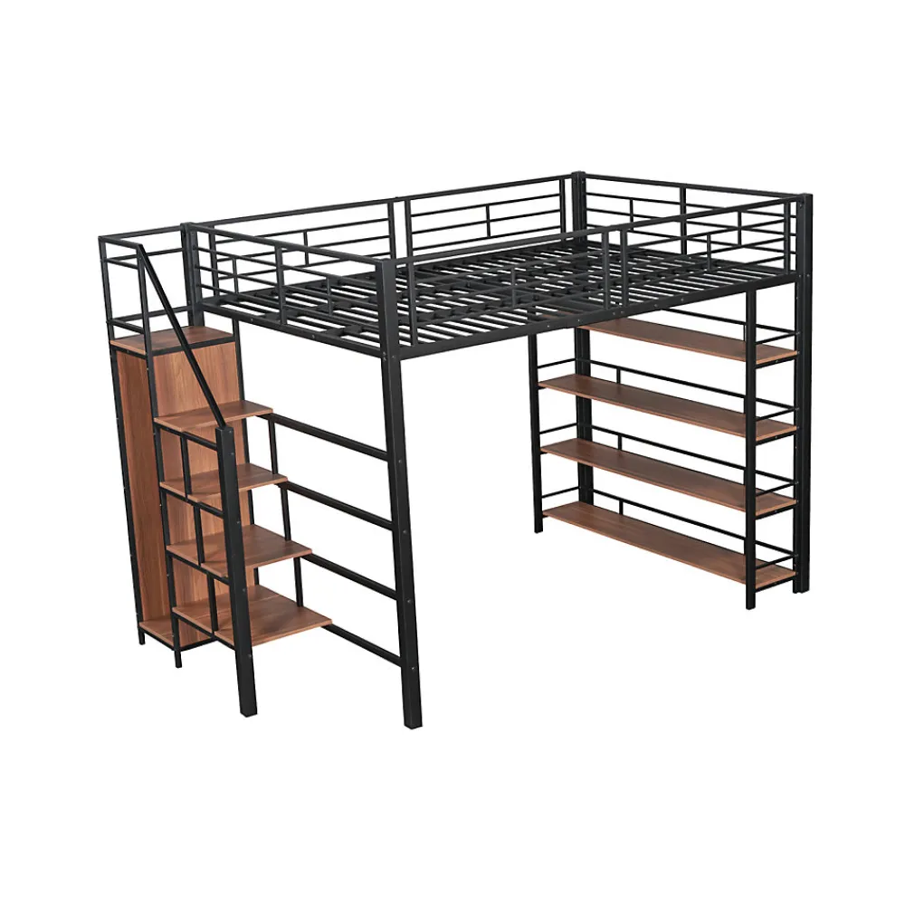Lit mezzanine 140x200cm, lit enfant avec échelles et étagères de rangement et petite penderie, design haute clôture, noir>ProximaX Online