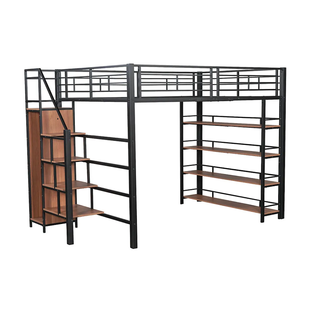 Lit mezzanine 140x200cm, lit enfant avec échelles et étagères de rangement et petite penderie, design haute clôture, noir>ProximaX Online