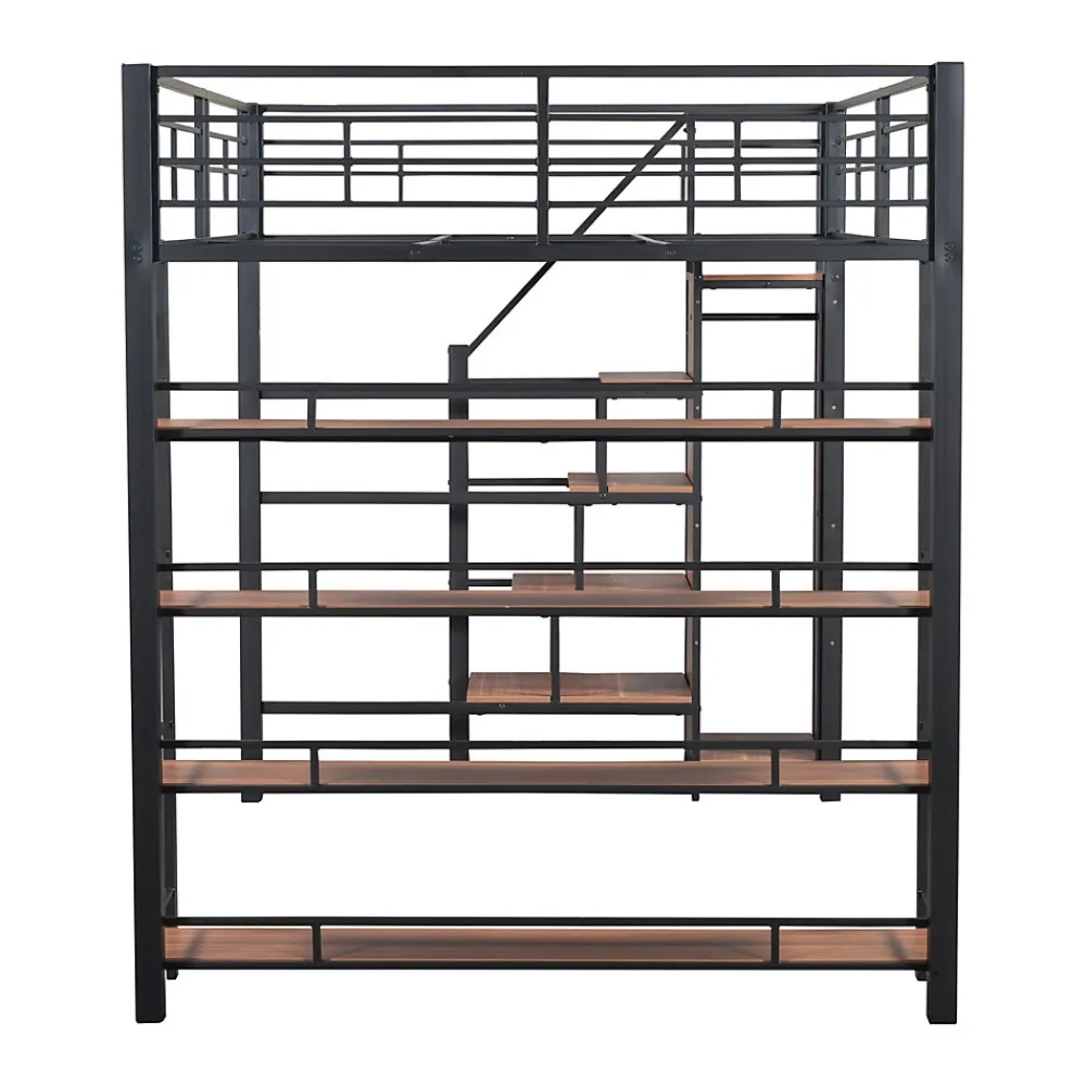 Lit mezzanine 140x200cm, lit enfant avec échelles et étagères de rangement et petite penderie, design haute clôture, noir>ProximaX Online