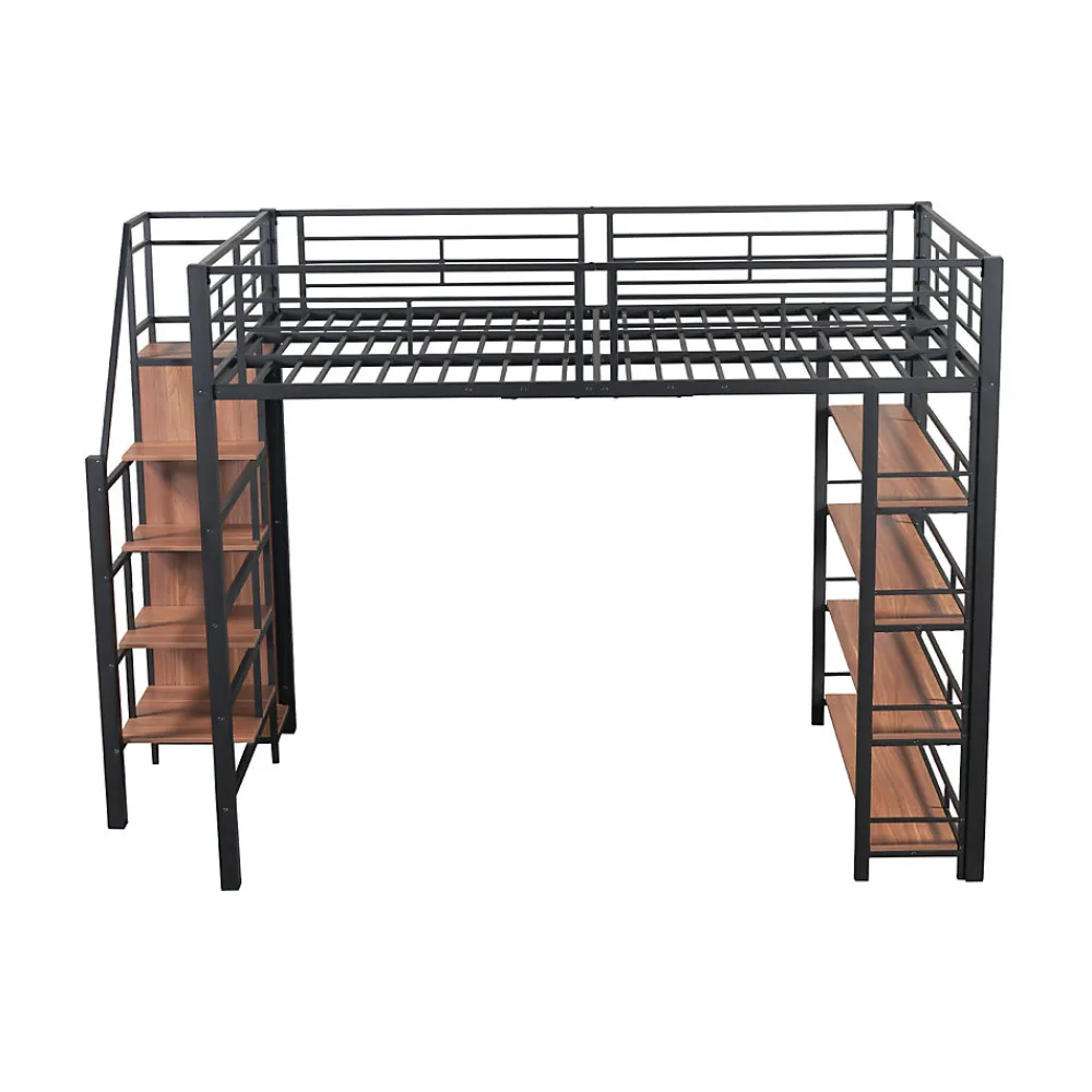 Lit mezzanine 140x200cm, lit enfant avec échelles et étagères de rangement et petite penderie, design haute clôture, noir>ProximaX Online