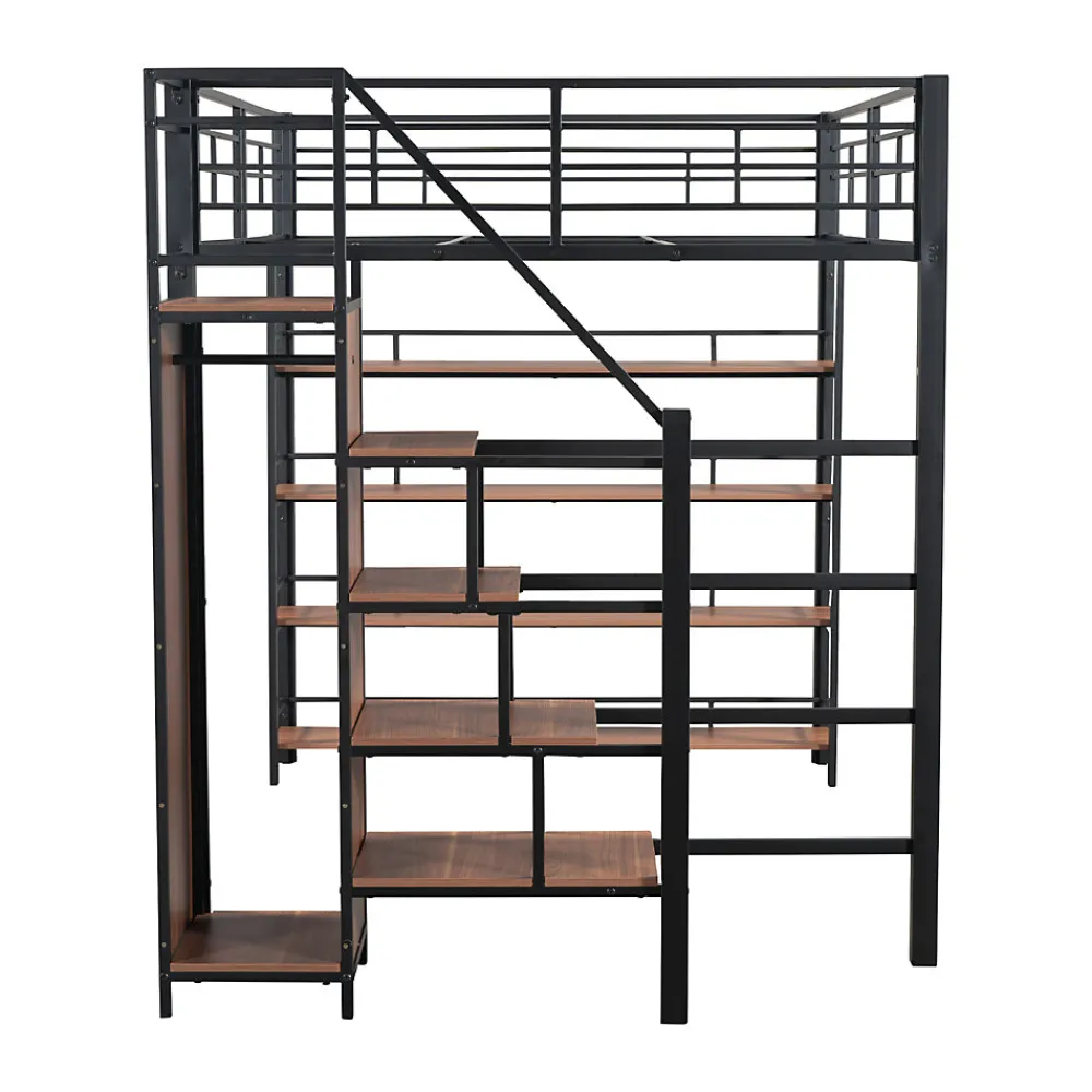 Lit mezzanine 140x200cm, lit enfant avec échelles et étagères de rangement et petite penderie, design haute clôture, noir>ProximaX Online