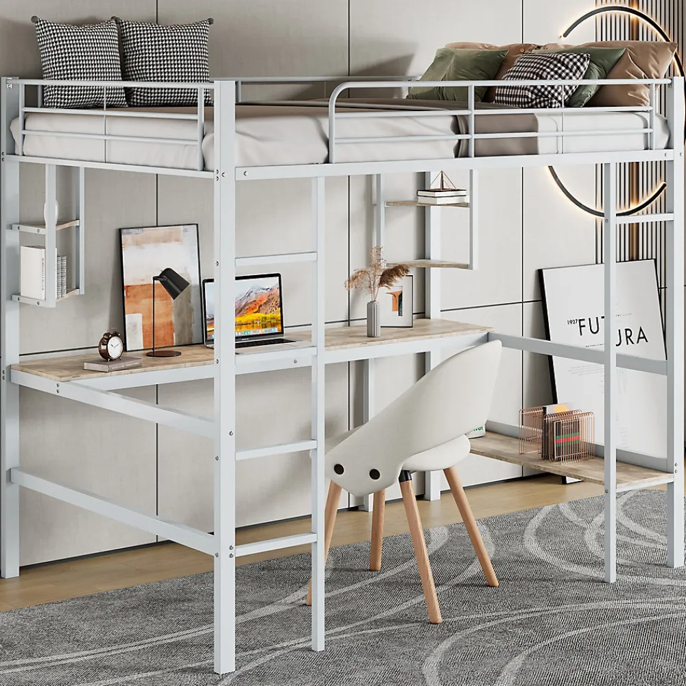 Simple Life Lit mezzanine, 90x200cm, metal, blanc, bureau, etageres, enfants, ados* Lit Mezzanine
