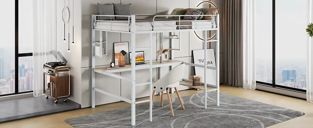 Simple Life Lit mezzanine, 90x200cm, metal, blanc, bureau, etageres, enfants, ados* Lit Mezzanine