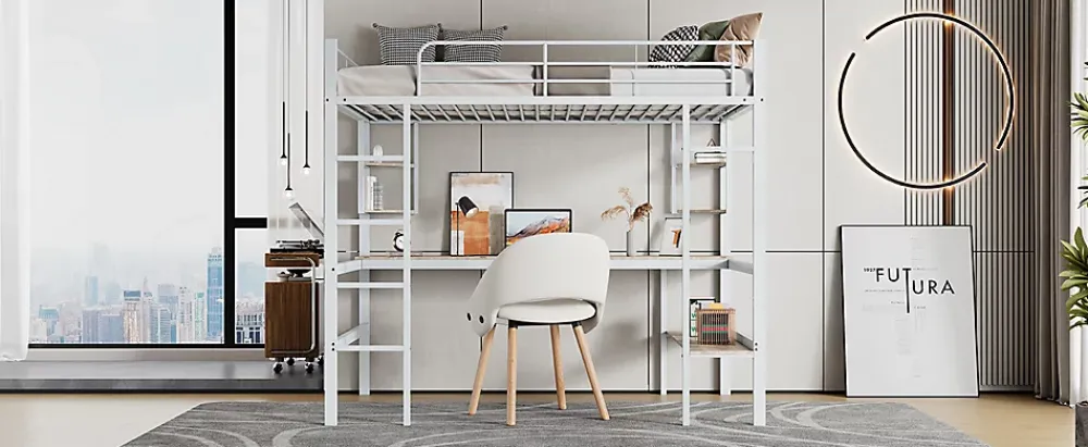 Simple Life Lit mezzanine, 90x200cm, metal, blanc, bureau, etageres, enfants, ados* Lit Mezzanine
