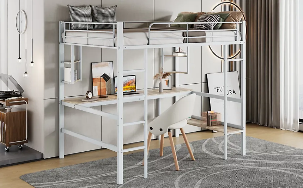 Simple Life Lit mezzanine, 90x200cm, metal, blanc, bureau, etageres, enfants, ados* Lit Mezzanine