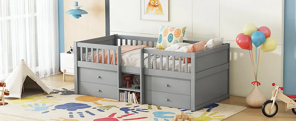 Lit Mi-Haut 90x200cm, 4 Tiroirs, Échelle, Pin, Sans Matelas, Style Minimaliste, Gris>Fortuna lai Online