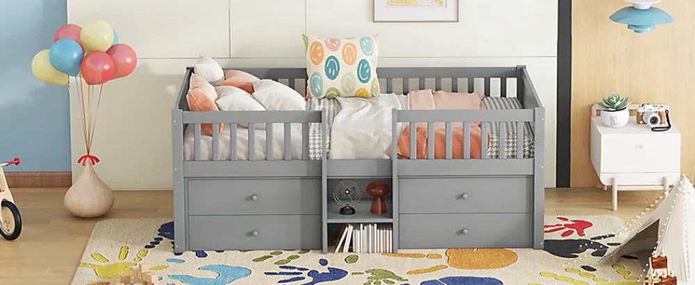 Lit Mi-Haut 90x200cm, 4 Tiroirs, Échelle, Pin, Sans Matelas, Style Minimaliste, Gris>Fortuna lai Online