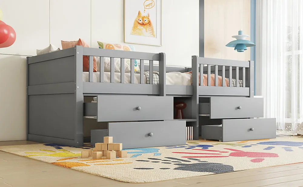 Lit Mi-Haut 90x200cm, 4 Tiroirs, Échelle, Pin, Sans Matelas, Style Minimaliste, Gris>Fortuna lai Online