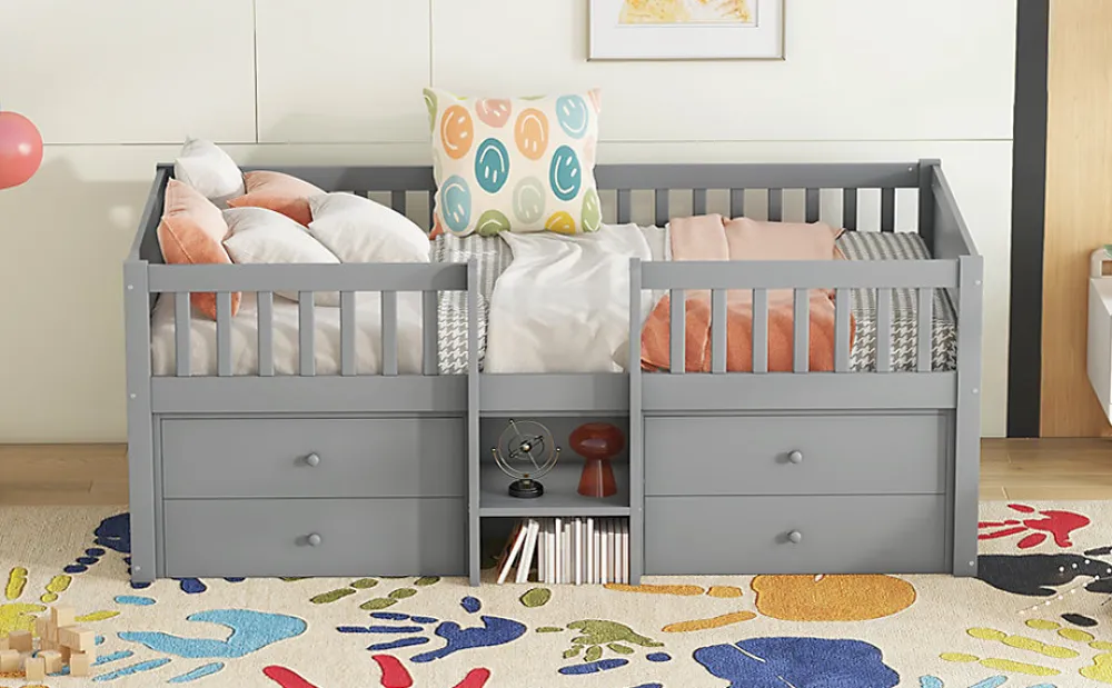 Lit Mi-Haut 90x200cm, 4 Tiroirs, Échelle, Pin, Sans Matelas, Style Minimaliste, Gris>Fortuna lai Online