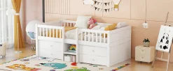 Lit Mi-Haut 90x200cm, 4 Tiroirs, Échelle, Pin, Sans Matelas, Style Minimaliste, Blanc><noscript><img width=