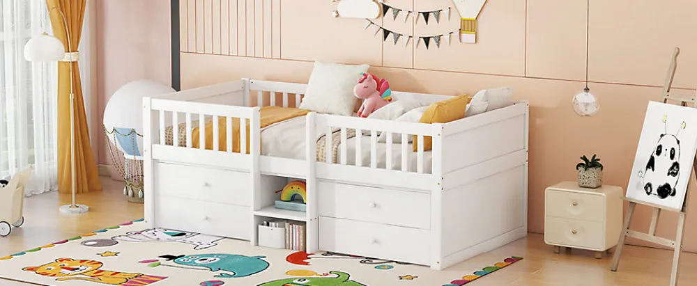 Lit Mi-Haut 90x200cm, 4 Tiroirs, Échelle, Pin, Sans Matelas, Style Minimaliste, Blanc>Fortuna lai