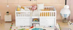 Lit Mi-Haut 90x200cm, 4 Tiroirs, Échelle, Pin, Sans Matelas, Style Minimaliste, Blanc><noscript><img width=