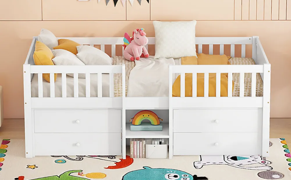 Lit Mi-Haut 90x200cm, 4 Tiroirs, Échelle, Pin, Sans Matelas, Style Minimaliste, Blanc>Fortuna lai
