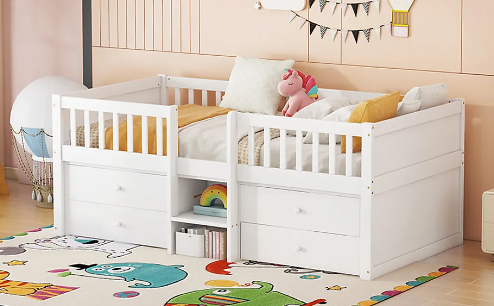 Lit Mi-Haut 90x200cm, 4 Tiroirs, Échelle, Pin, Sans Matelas, Style Minimaliste, Blanc>Fortuna lai
