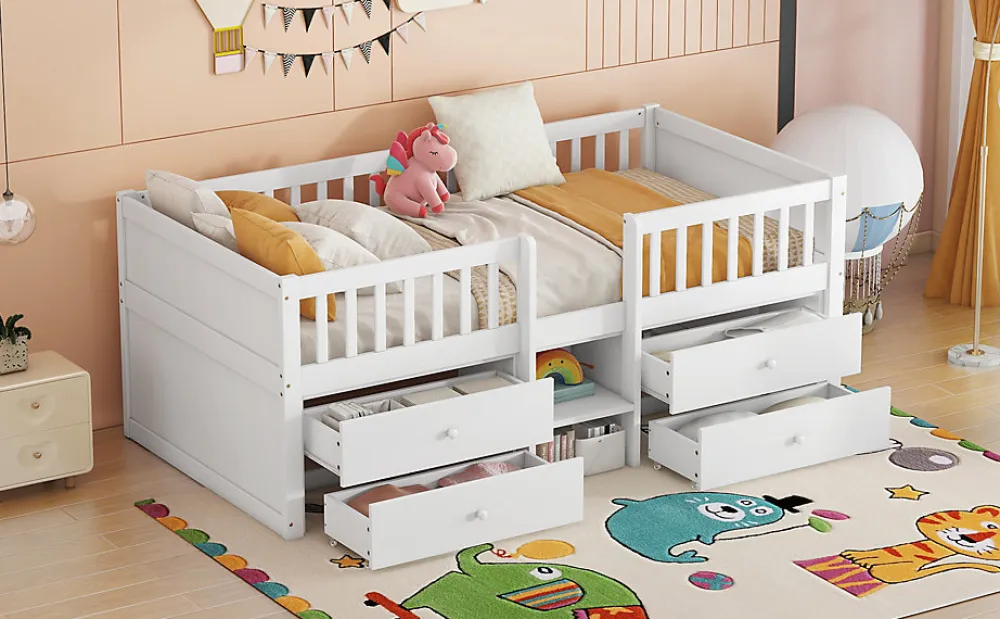 Lit Mi-Haut 90x200cm, 4 Tiroirs, Échelle, Pin, Sans Matelas, Style Minimaliste, Blanc>Fortuna lai