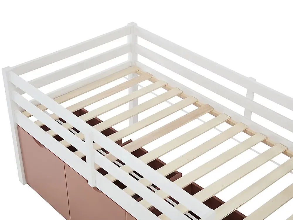 Vente-unique Lit mi-hauteur 90 x 190 cm avec rangement - Pin et MDF - Blanc et rose - LANIORI* Lit Avec Rangement