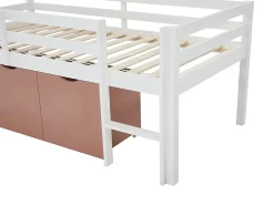 Vente-unique Lit mi-hauteur 90 x 190 cm avec rangement - Pin et MDF - Blanc et rose - LANIORI* Lit Avec Rangement