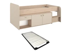 Vente-unique Lit mi-hauteur 90 x 190/200 cm avec rangements - Beige et naturel + Sommier - LUNOBI* Lit Avec Rangement