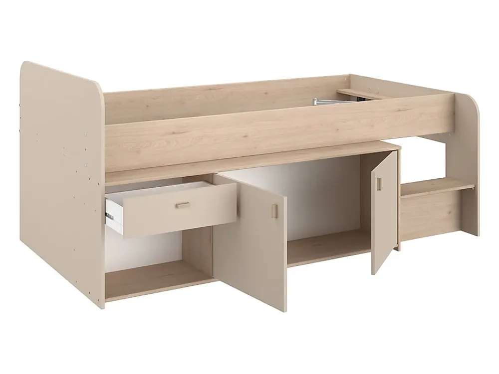 Vente-unique Lit mi-hauteur 90 x 190/200 cm avec rangements - Beige et naturel + Sommier - LUNOBI* Lit Avec Rangement