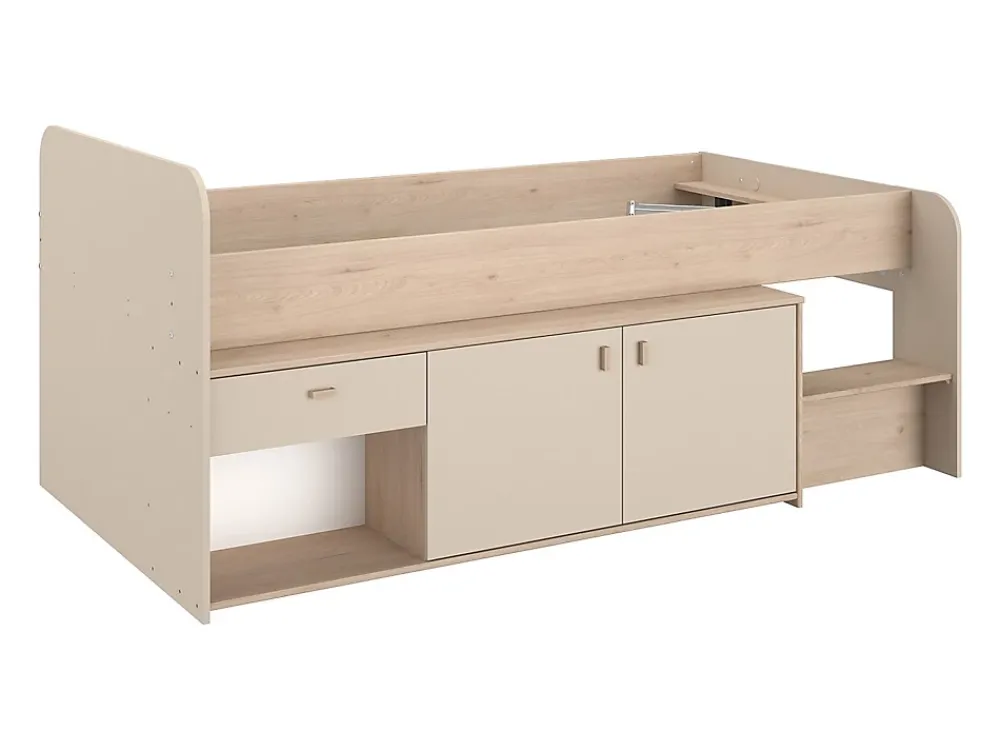 Vente-unique Lit mi-hauteur 90 x 190/200 cm avec rangements - Beige et naturel - LUNOBI* Lit Avec Rangement