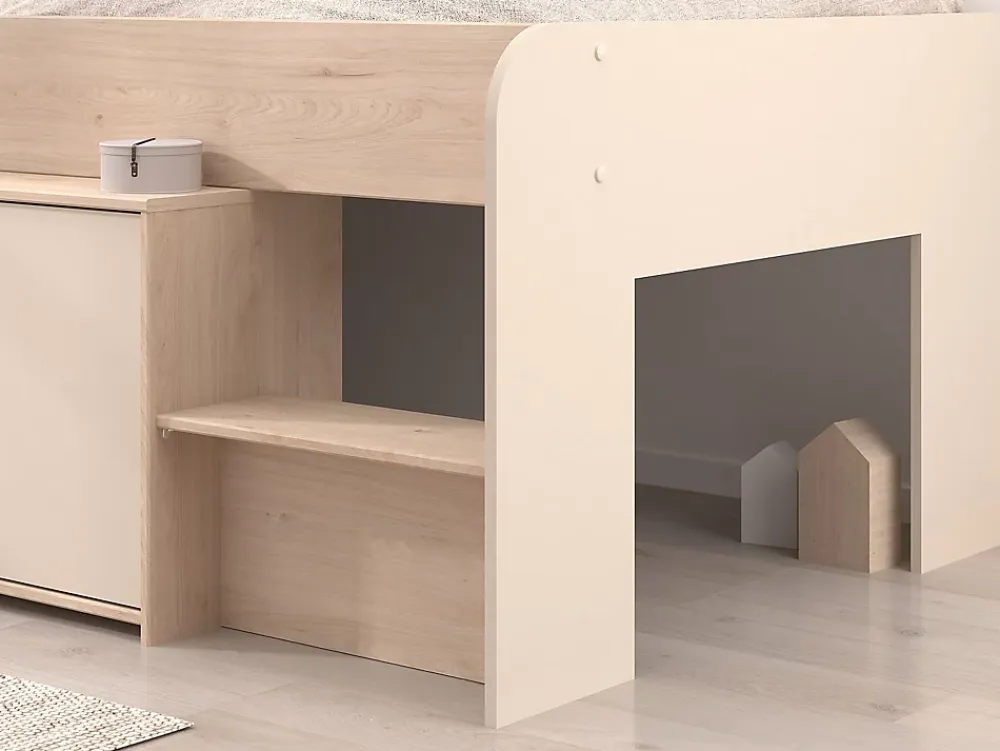 Vente-unique Lit mi-hauteur 90 x 190/200 cm avec rangements - Beige et naturel - LUNOBI* Lit Avec Rangement