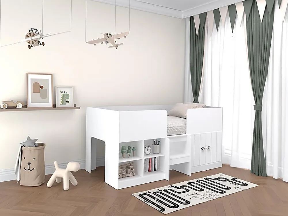 Vente-unique Lit mi-hauteur 90 x 190 cm avec rangements - Coloris : Blanc - BOUTANIO* Lit Avec Rangement