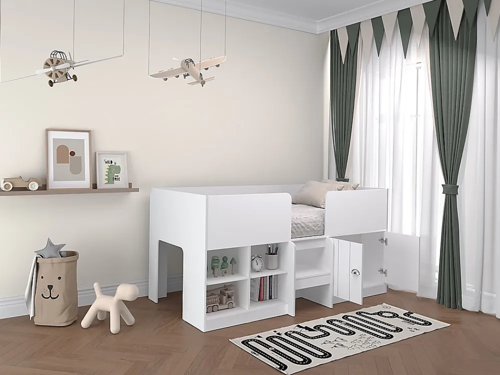 Vente-unique Lit mi-hauteur 90 x 190 cm avec rangements - Coloris : Blanc - BOUTANIO* Lit Avec Rangement