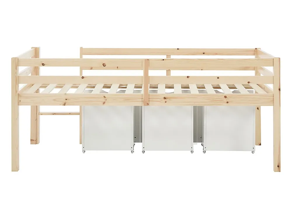 Vente-unique Lit mi-hauteur 90 x 190 cm avec rangement - Pin et MDF - Coloris : Naturel et blanc + Matelas - LANIORI* Lit Avec Rangement