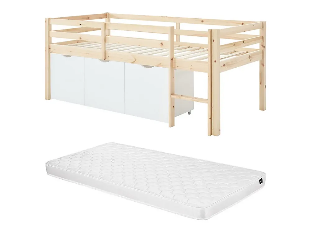 Vente-unique Lit mi-hauteur 90 x 190 cm avec rangement - Pin et MDF - Coloris : Naturel et blanc + Matelas - LANIORI* Lit Avec Rangement