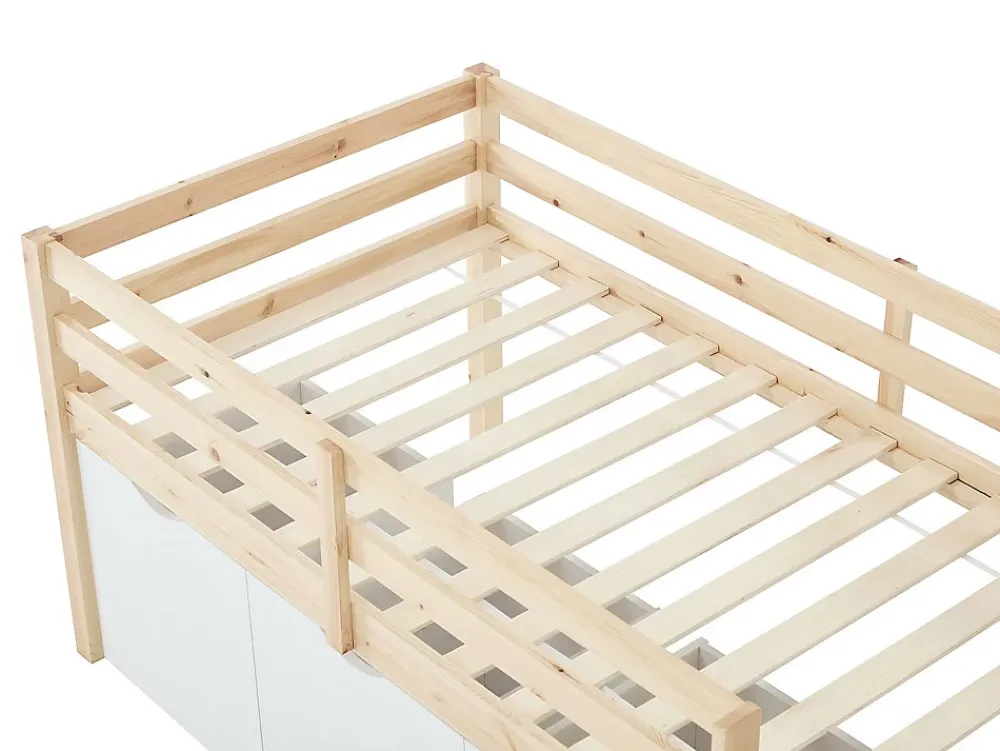 Vente-unique Lit mi-hauteur 90 x 190 cm avec rangement - Pin et MDF - Coloris : Naturel et blanc + Matelas - LANIORI* Lit Avec Rangement