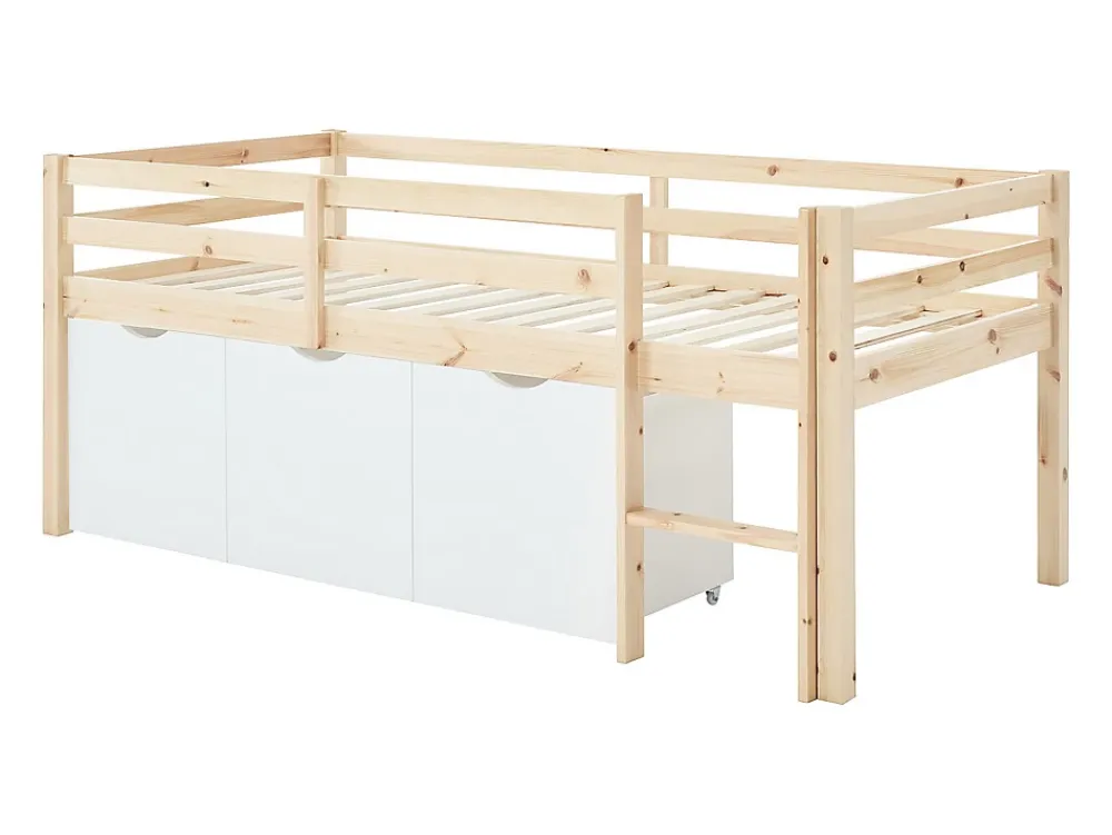 Vente-unique Lit mi-hauteur 90 x 190 cm avec rangement - Pin et MDF - Coloris : Naturel et blanc + Matelas - LANIORI* Lit Avec Rangement