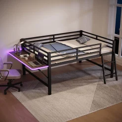 Lit mi-hauteur 140x200 cm avec étagères et éclairage LED télécommande - lit enfant/ado gain de place - sans matelas - Noir>Okwish Outlet