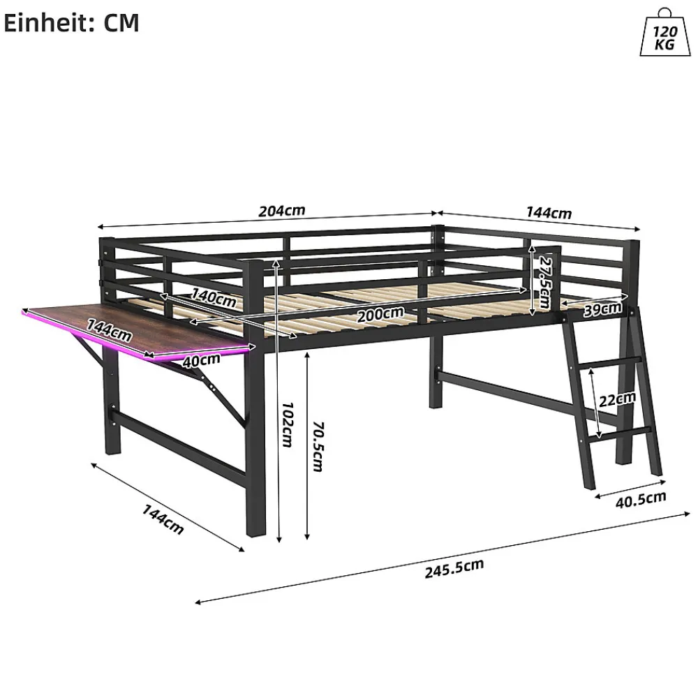 Lit mi-hauteur 140x200 cm avec étagères et éclairage LED télécommande - lit enfant/ado gain de place - sans matelas - Noir>Okwish Outlet