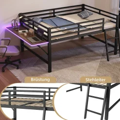 Lit mi-hauteur 140x200 cm avec étagères et éclairage LED télécommande - lit enfant/ado gain de place - sans matelas - Noir><noscript><img width=