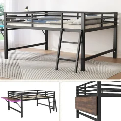 Lit mi-hauteur 140x200 cm avec étagères et éclairage LED télécommande - lit enfant/ado gain de place - sans matelas - Noir><noscript><img width=