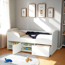 Weber Industries Lit mi-hauteur 90x190 cm ELIO avec sommier et rangements / Blanc*Enfant Lit Enfant